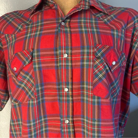Ely Cattleman Western Red Plaid Shirt Mens XL Pearl Snap Vintage - Picture 7 of 11